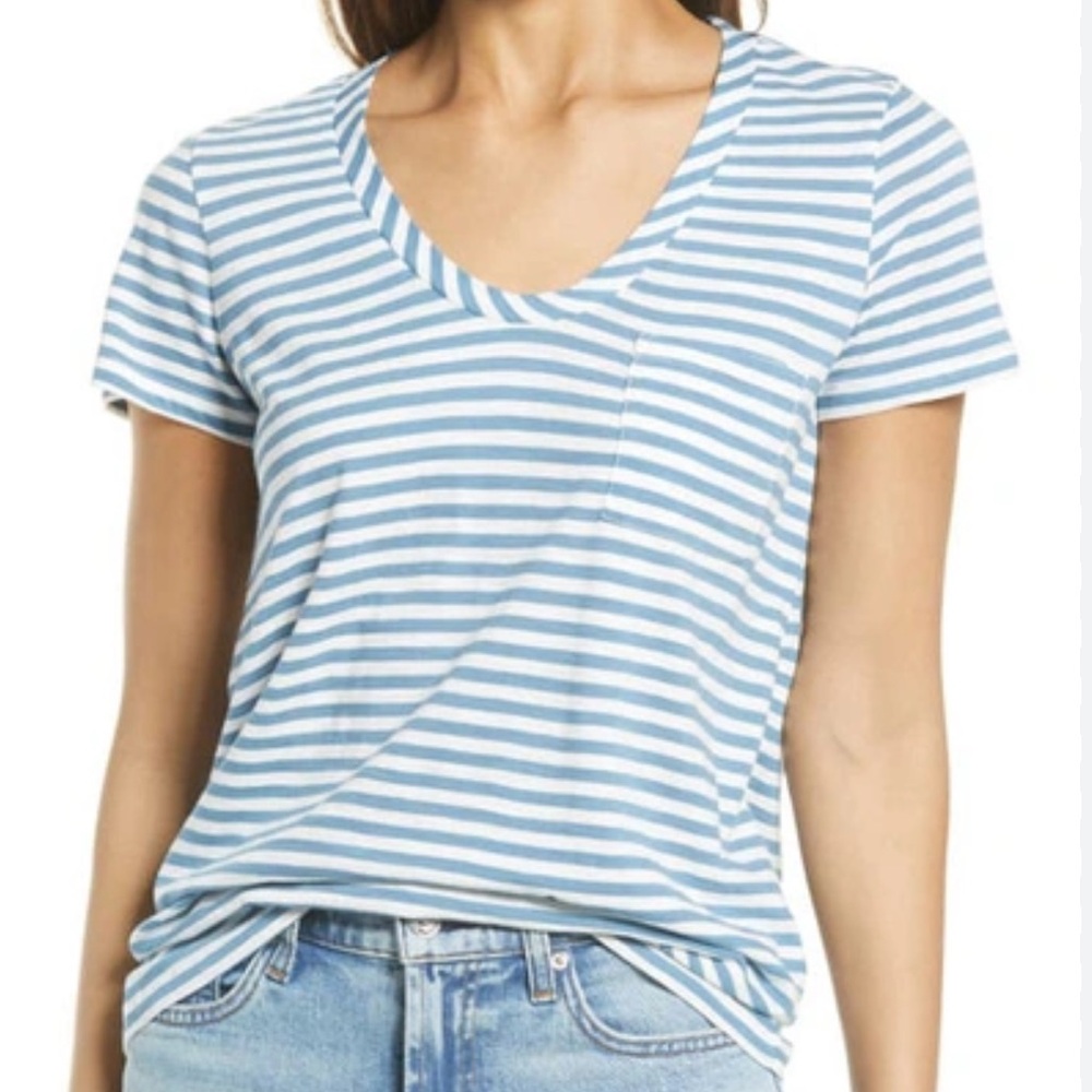 Caslon Soft Blue and White Brooke Striped V-Neck Women's Top
